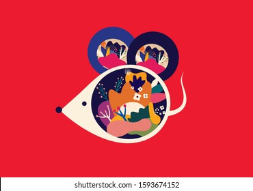 Happy New Year 2020 vector logo design. Happy new year with cute mouse rat in folk style. Chinese New Year. Cover of design for 2020. Calendar design, brochure, catalog, card, banner, wallpaper.