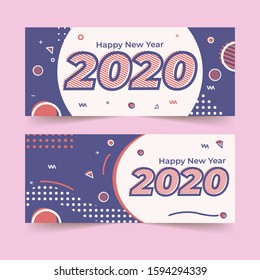 Happy New Year 2020 vector card design template. Set of Happy New Year 2020 illustration for banner, greeting card, poster and advertising. Happy new year in memphis style.
