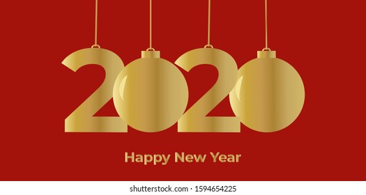 Happy New Year 2020 vector banner with golden Christmas balls on red color background. 