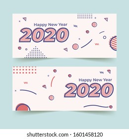 Happy New Year 2020 vector card design template. Set of Happy New Year 2020 illustration for banner, greeting card, poster and advertising. Happy new year in memphis style.