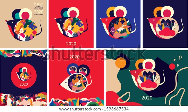 年の新年の幸せなベクター画像ロゴデザイン 民族風のかわいいネズミと新年 中国の新年 年のデザインの表紙 カレンダーデザイン パンフレット カタログ カード バナー 壁紙 のベクター画像素材 ロイヤリティフリー
