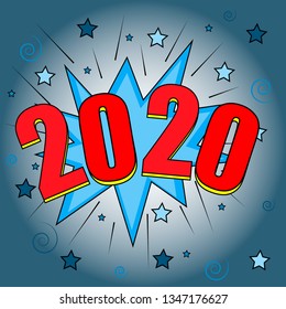 Happy New Year 2020. Vintage comic book bubble sound effect. Vector EPS10.