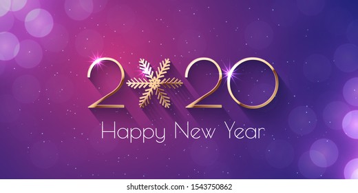 Happy New Year 2020 Violet Greeting Card or Banner Template. Vector background with golden numbers and snowflake