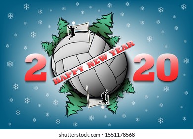Happy new year 2020 and volleyball ball with Christmas trees on an isolated background. Football player scores a goal. Design pattern for greeting card. Vector illustration
