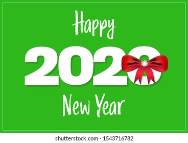 Happy New Year 2020 white on green background with red bow vector illustration