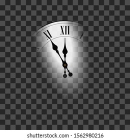 Happy New year 2020. White clock, arrows, isolated on black transparent background. Blurred design holiday banner, Christmas celebration party, poster. Template decoration card Vector illustration