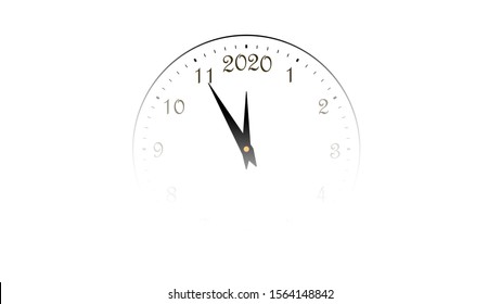 Happy New year 2020. White clock, arrows, isolated on black transparent background. Blurred design holiday banner, Christmas celebration party, poster. Template decoration card Vector illustration