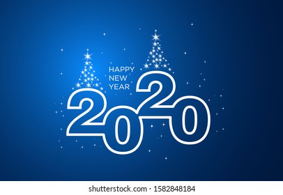 Happy New Year 2020 white blue greeting card. Cover of business for 2020 and fireworks tree. Brochure design template, card, banner. Vector illustration