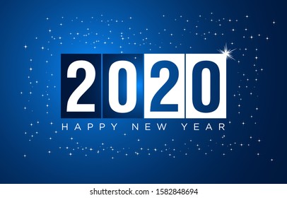 Happy New Year 2020 white blue greeting card. Cover of business for 2020 with star studded. Brochure design template, card, banner. Vector illustration