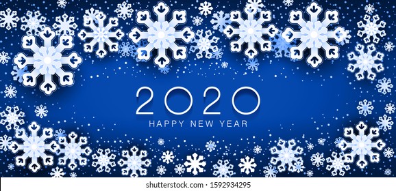 Happy New Year 2020 White layered paper cut asian style snowflakes, flowers elements on blue background.Mobile phone screen saver design. Holidays, china art, poster template, text, numbers mobile app
