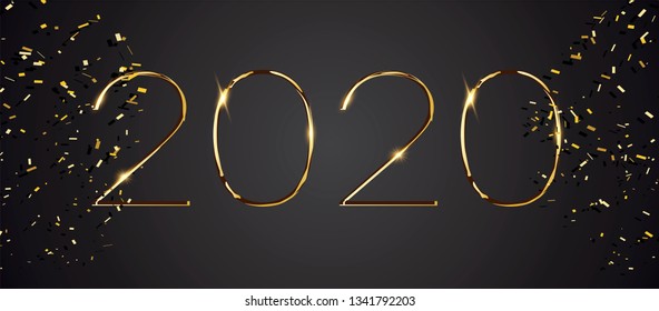 	
Happy New Year 2020 winter holiday greeting card design template. Party poster, banner or invitation gold glittering stars confetti glitter decoration. Vector background with golden gift bow