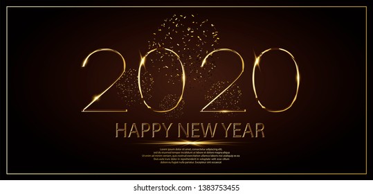 Happy New Year 2020 winter holiday greeting card design template. Party poster, banner or invitation gold glittering stars confetti glitter decoration. Vector background with golden gift bow