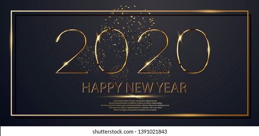 	
Happy New Year 2020 winter holiday greeting card design template. Party poster, banner or invitation gold glittering stars confetti glitter decoration. Vector background with golden gift bow
