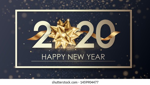 Happy New Year 2020 winter holiday greeting card design template. Party poster, banner or invitation gold glittering stars confetti glitter decoration. Vector background with golden gift bow