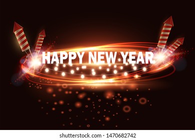 Happy New Year 2020 winter holiday greeting card design template. Party poster, banner or invitation gold glittering stars confetti glitter decoration. Vector background with golden gift bow