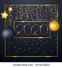 Happy New Year 2020 winter holiday greeting card design template. Party poster, banner or invitation gold glittering stars confetti glitter decoration. Vector background with golden gift bow