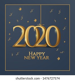 Happy New Year 2020 winter holiday greeting card design template. Party poster, banner or invitation gold glittering stars confetti glitter decoration. Vector background with golden gift bow