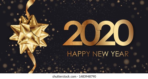 Happy New Year 2020 winter holiday greeting card design template. Party poster, banner or invitation gold glittering stars confetti glitter decoration. Vector background with golden gift bow