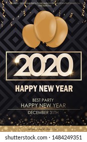 Happy New Year 2020 winter holiday greeting card design template. Party poster, banner or invitation gold glittering stars confetti glitter decoration. Vector background with golden gift bow