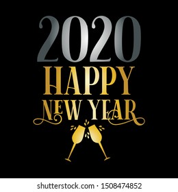 Happy New Year 2020 winter holiday greeting card design, gold and sylver color on black background. Good for print, cover, posters, flyers, t-shirts, cards, invitations, stickers, banners.