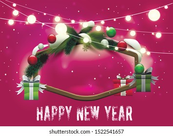 Happy New Year 2020 winter holiday greeting card design template.  Party poster, banner or invitation with golden sparkling confetti balloons and gifts decoration.  Vector background with golden gift 