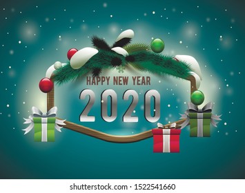 Happy New Year 2020 winter holiday greeting card design template.  Party poster, banner or invitation with golden sparkling confetti balloons and gifts decoration.  Vector background with golden gift 