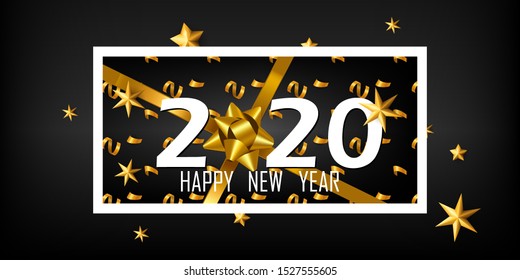 Happy New Year 2020 winter holiday greeting card design template. Party poster, banner or invitation. Gold glitter decoration. Xmas vector