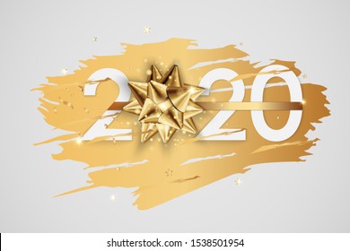 Happy New Year 2020 winter holiday greeting card design template. Party poster, banner or invitation gold glittering stars confetti glitter decoration. Vector background with golden gift bow