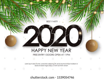 Happy New Year 2020 winter holiday greeting card design template. Party poster, banner or invitation gold glittering stars confetti glitter decoration. Vector background with golden gift bow