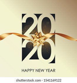 Happy New Year 2020 winter holiday greeting card design template. Party poster, banner or invitation gold glittering stars confetti glitter decoration. Vector background with golden gift bow