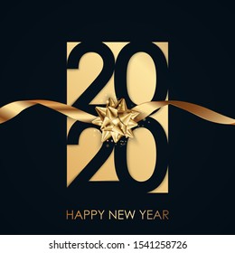 Happy New Year 2020 winter holiday greeting card design template. Party poster, banner or invitation gold glittering stars confetti glitter decoration. Vector background with golden gift bow