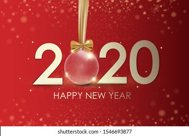 Happy New Year 2020 winter holiday greeting card design template. Party poster, banner or invitation gold glittering stars confetti glitter decoration. Vector background with golden gift bow