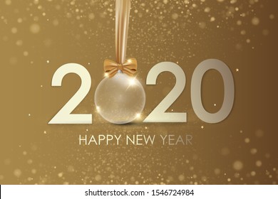 Happy New Year 2020 winter holiday greeting card design template gold glittering stars confetti glitter decoration. Vector background with golden gift bow