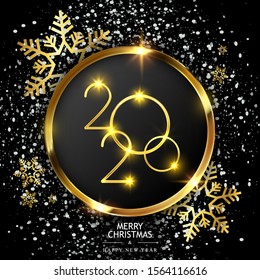 Happy New Year 2020 winter holiday greeting card design template. Party poster, banner or invitation. Gold glitter decoration