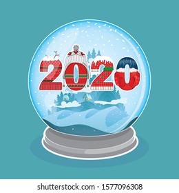 Happy New Year 2020. 
The winter holidays. Glass snow ball. Poster, banner. Vector illustration of numbers and symbols.