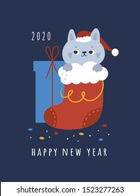 Happy new year 2020 wish and funny cartoon  cat in santa hat sitting in Christmas sock,  with festive confetti and gift box on background. Illustration in flat style for greeting card, poster, print.