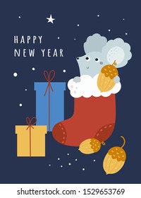 Happy new year 2020 wish and funny cartoon  mice, rat, mouse sitting in Christmas sock  with gift box on background with snowflakes. Illustration in flat style for greeting card, poster, print, decor