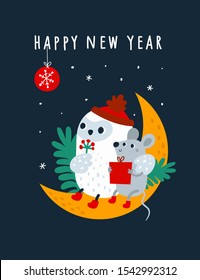 Happy new year 2020 wish and funny cartoon  mice, rat, mouse with bird owl sitting on the moon with festive decoration. Illustration in flat style for greeting card, poster, print, decor