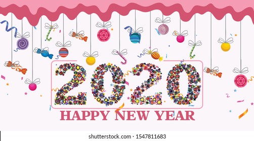 Happy New Year 2020. New Year's original, modern greeting with candies. new year party ticket concert invitation, show, coupon, ticket, pass admission entry banner.