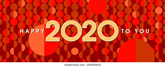 Happy new year 2020 to you banner and text design. Red, yellow and orange colors. Background trendy pattern of sequins, segments and circles. Vector greeting illustration with golden numbers.