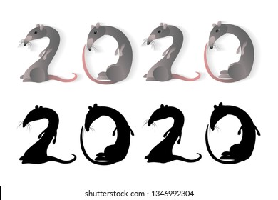 Happy new year 2020 zodiac rat Numeral of the year from stylized figures rats, colored volumetric and silhouette calligraphy isolated on a white background. Greeting card template. Vector illustration