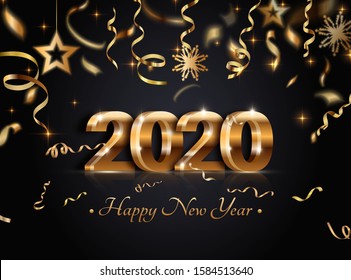 Happy New Year 2020.Christmas holiday background with gold 3Д numbers and confetti. The falling gold tinsel. The shining vector illustration for maps, invitations, posters, banners, calendars, festive