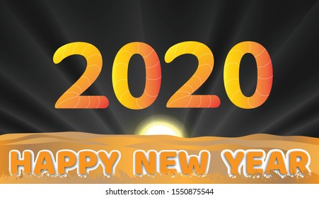 Happy new year 2020.Elegant orange-yellow text. New year numbers design, banner, orange gold mountain background and the sun is shining on beautiful numbers 2020 - vector