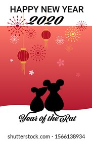 Happy New Year 2020,Year of the Rat,Rrat kiss among fireworks in new year 2020.