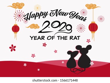 Happy New Year 2020,Year of the Rat,Rrat kiss among fireworks in new year 2020.