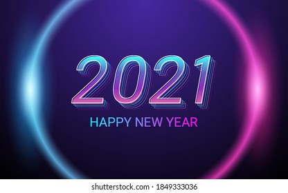 Happy new year 2021 with 3d font effect in neon light color background