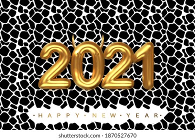 Happy New Year 2021 with 3d gold metallic sign and text letter.Holiday vector illustration of golden metallic numbers 2021 on modern cow background.Festive poster or banner design.Vector illustration