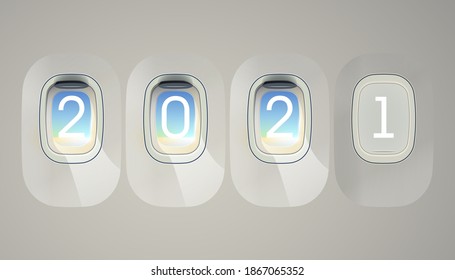 Feliz Año Nuevo 2021, fondo de la ventana del avión. Tarjeta de saludo 2021 Leyenda de la pantalla de volante de los tipos de letra de la parte superior del cartel de ojo de buey. Celebra el interior del avión de folletos, ilustración 3D