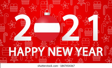 Happy New Year 2021 with Austria Flag.2021card with Christmas ball. Vector Illustration.Horizontal 2021 posters, cards, headers, website.