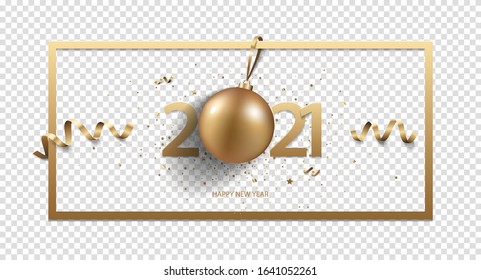 Happy New Year 2021 background with Christmas decoration and confetti, isolated on transparent background.